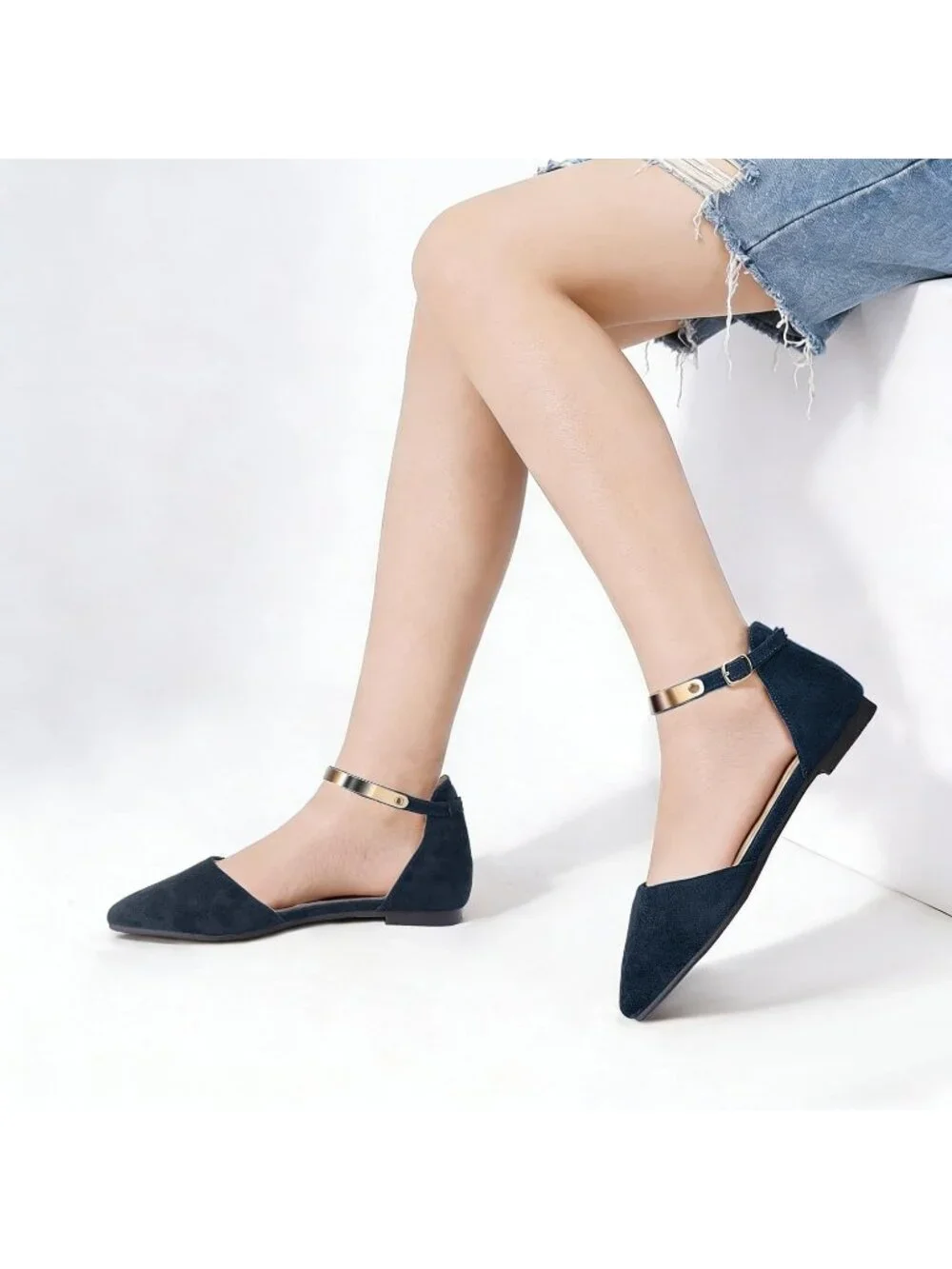 Women's Blue Suede Pointed Toe Flats Fancy Gold Ankle Strap Rhinestone Shoes
